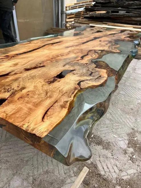 Solid Linden Wood Natural Look Epoxy Resin Side Dining Table by Gizz