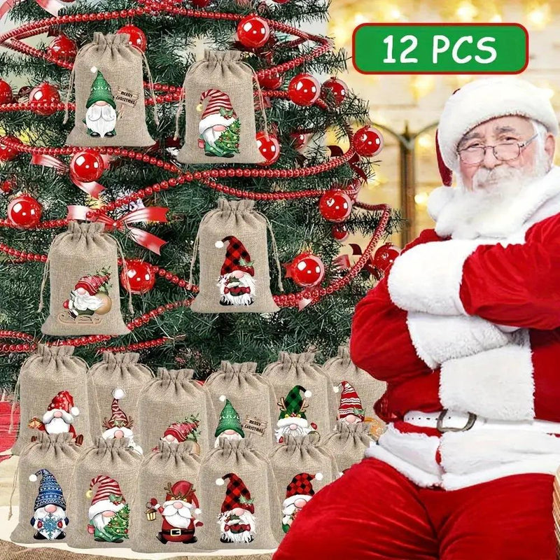 Linen Christmas Gift Bag Set, Santa Claus Drawstring Bags by House Of Avana