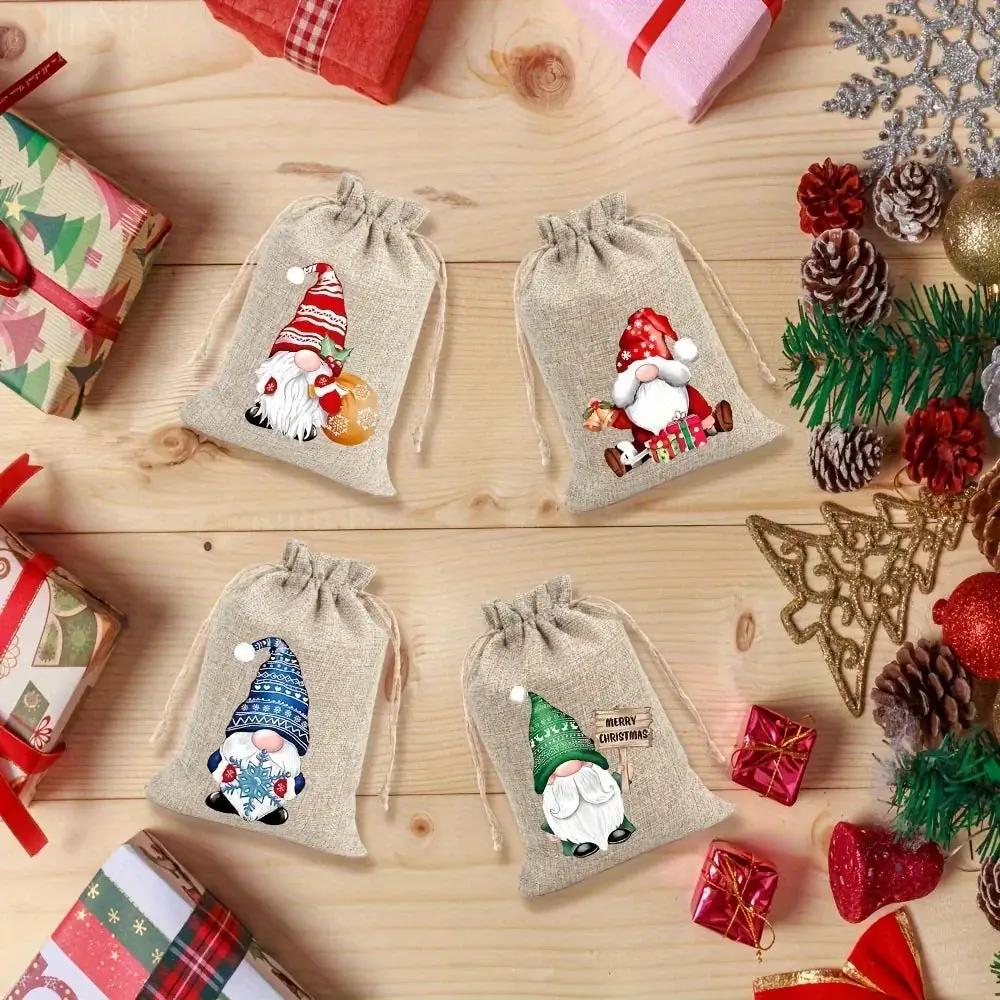 Linen Christmas Gift Bag Set, Santa Claus Drawstring Bags by House Of Avana