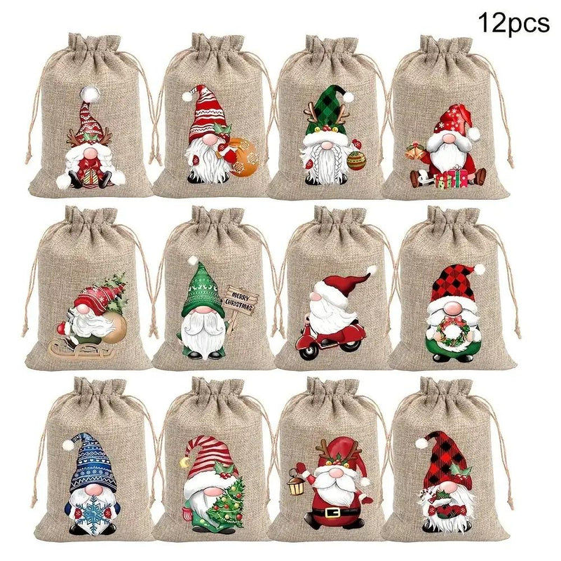 Linen Christmas Gift Bag Set, Santa Claus Drawstring Bags by House Of Avana
