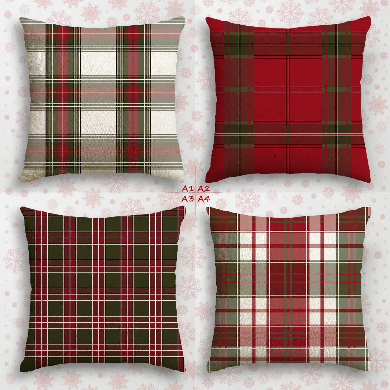 Linen Christmas Pillow Covers, Red Plaid Pattern, 18" x 18" Single-Sided Print by House Of Avana