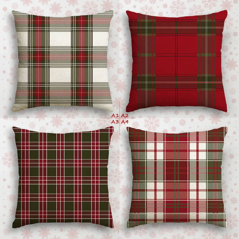 Linen Christmas Pillow Covers, Red Plaid Pattern, 18" x 18" Single-Sided Print by House Of Avana