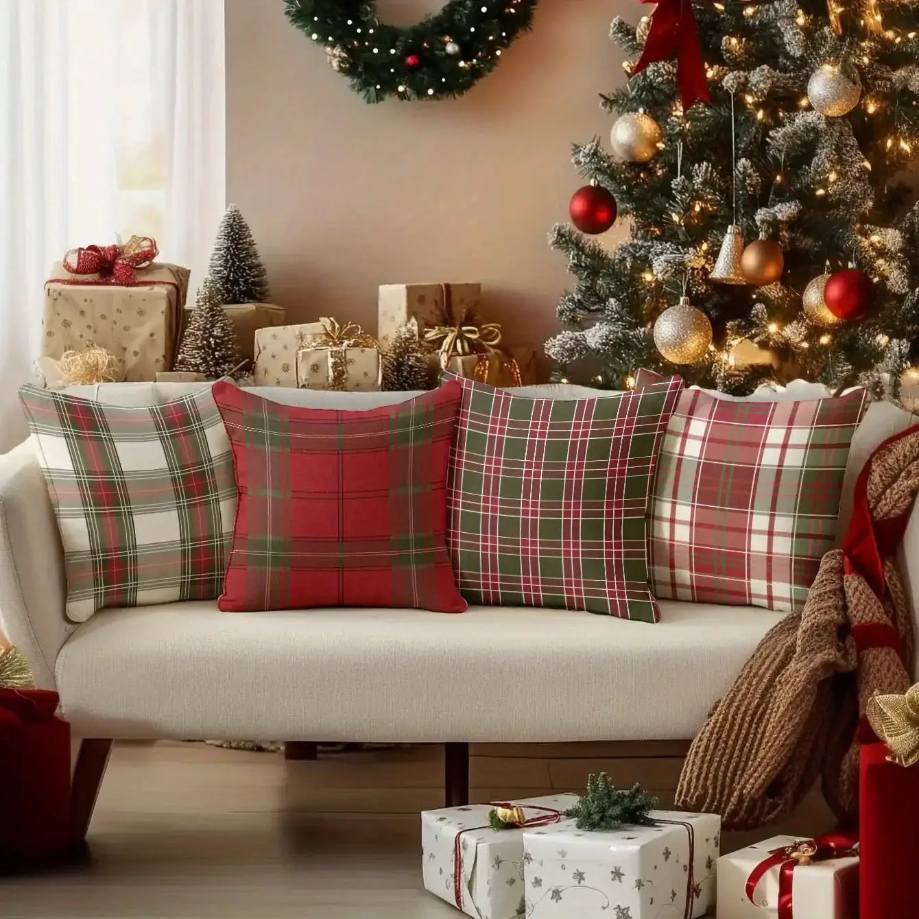 Linen Christmas Pillow Covers, Red Plaid Pattern, 18" x 18" Single-Sided Print by House Of Avana