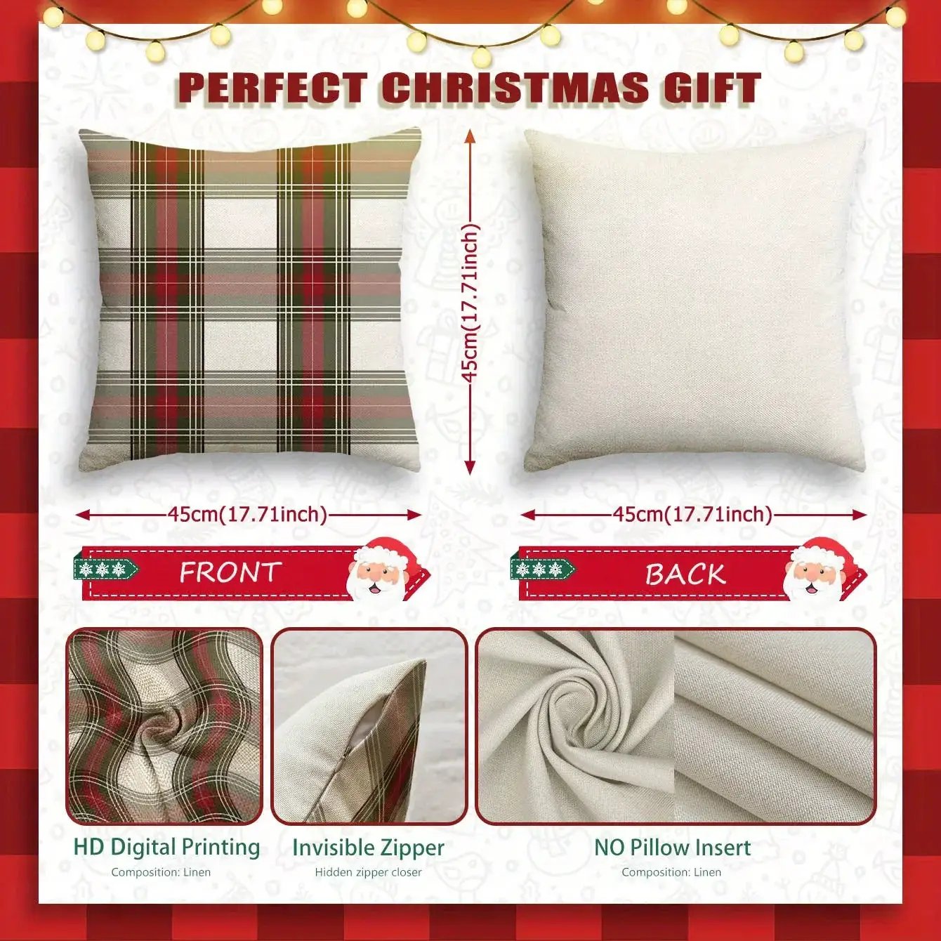 Linen Christmas Pillow Covers, Red Plaid Pattern, 18" x 18" Single-Sided Print by House Of Avana