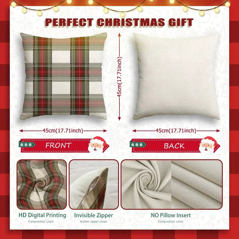 Linen Christmas Pillow Covers, Red Plaid Pattern, 18" x 18" Single-Sided Print by House Of Avana