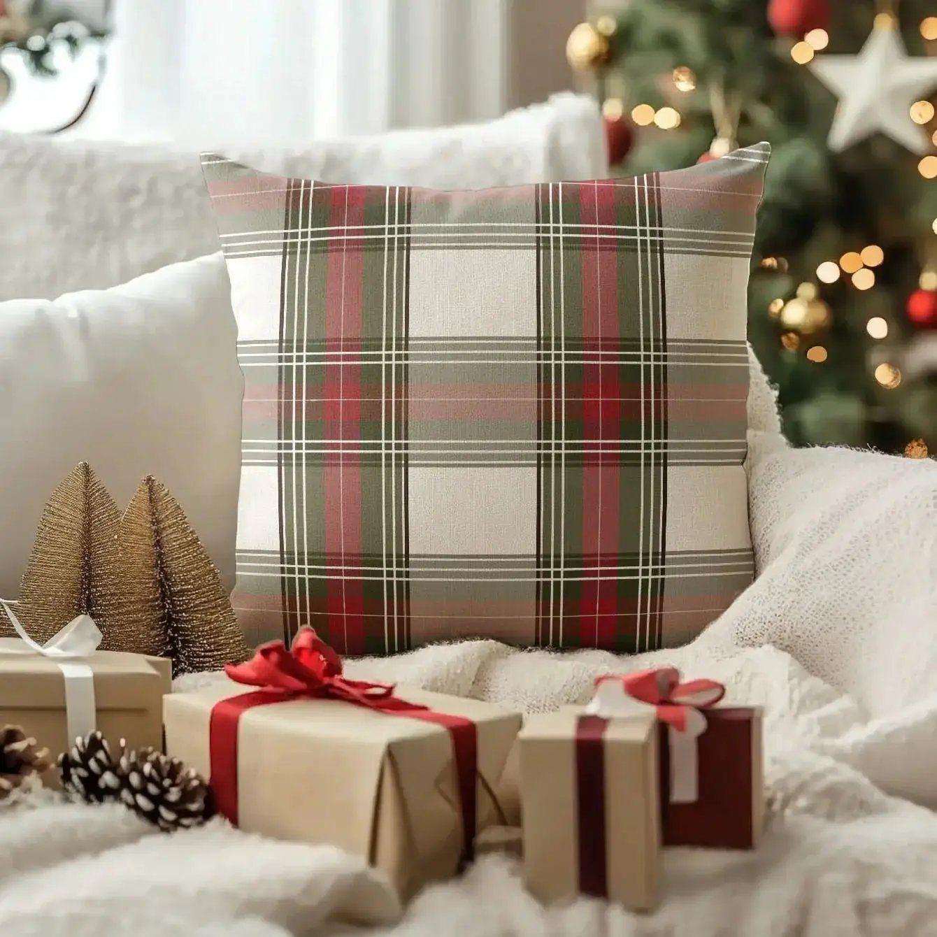 Linen Christmas Pillow Covers, Red Plaid Pattern, 18" x 18" Single-Sided Print by House Of Avana