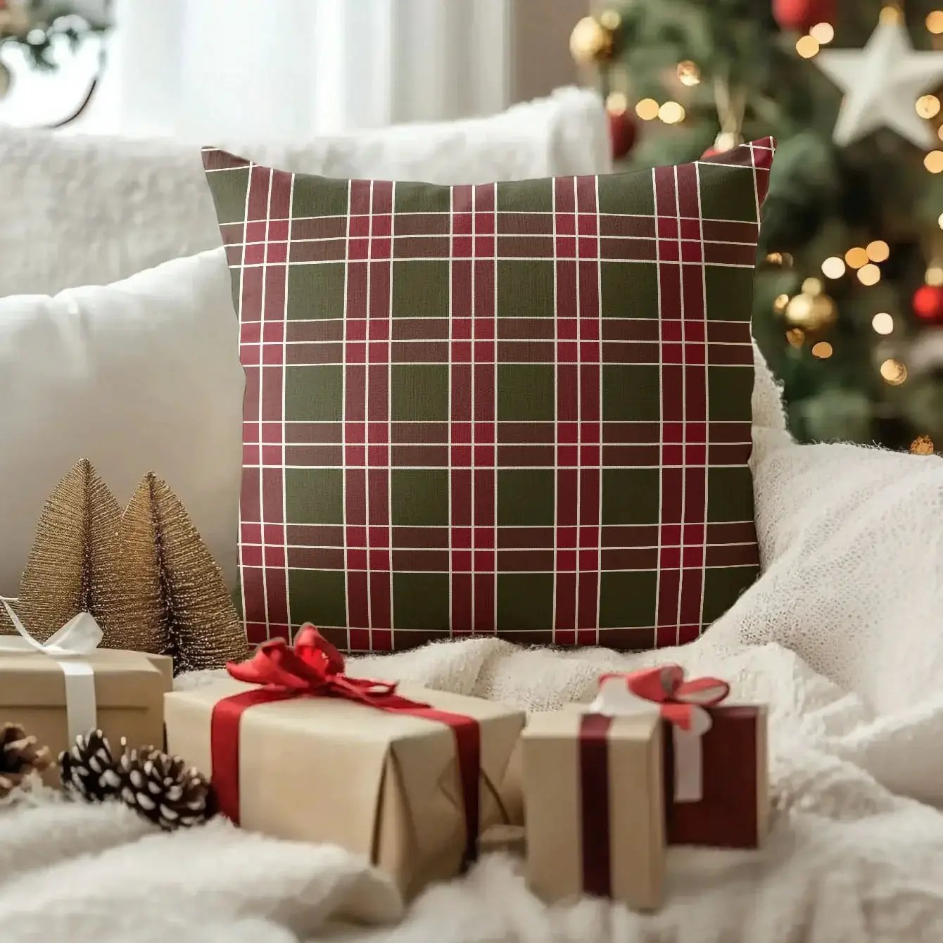 Linen Christmas Pillow Covers, Red Plaid Pattern, 18" x 18" Single-Sided Print by House Of Avana