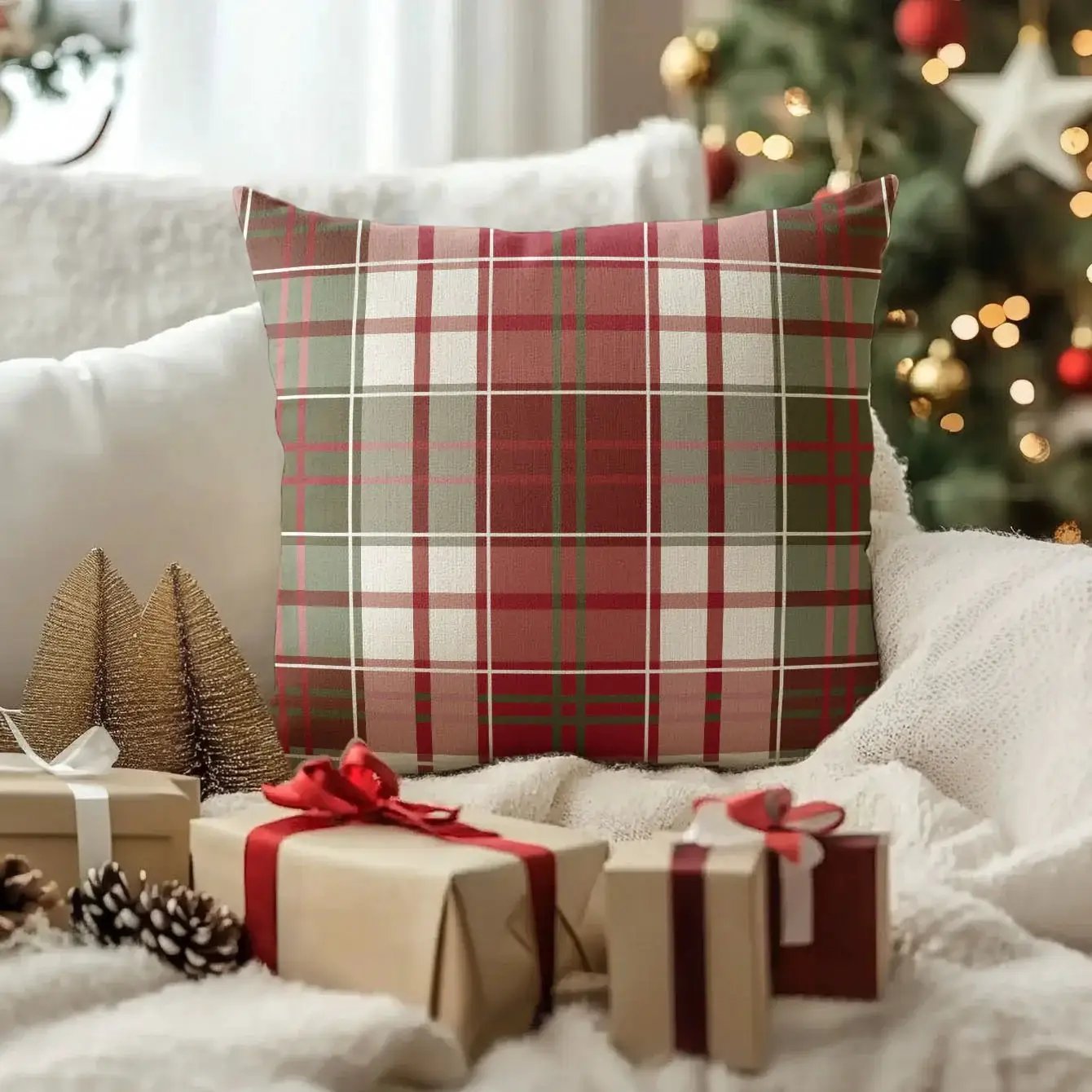 Linen Christmas Pillow Covers, Red Plaid Pattern, 18" x 18" Single-Sided Print by House Of Avana
