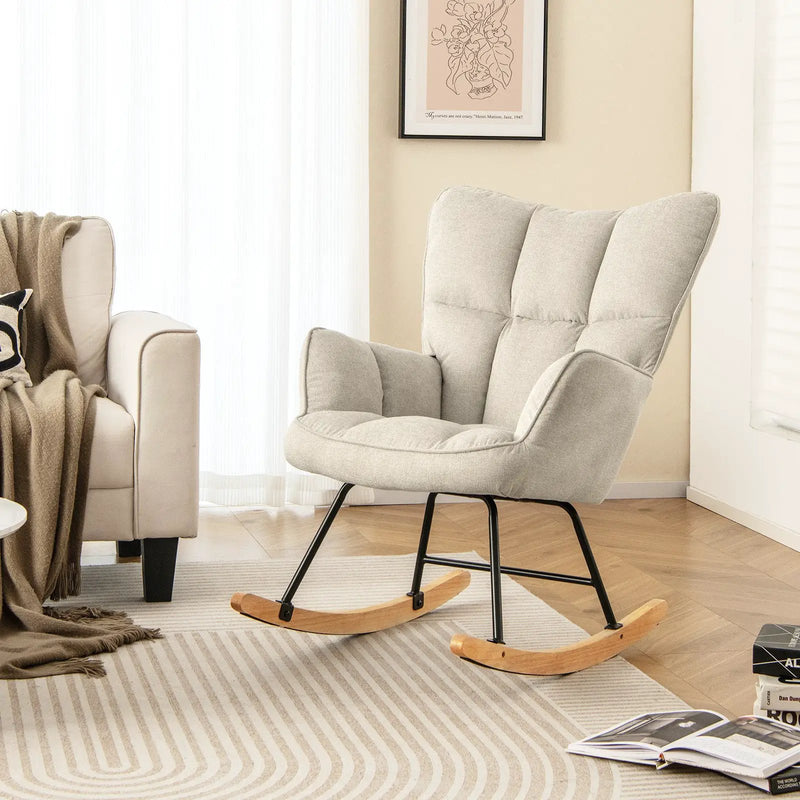 Linen Nursery Rocking Chair with High Backrest and Padded Armrests by DirectDeals