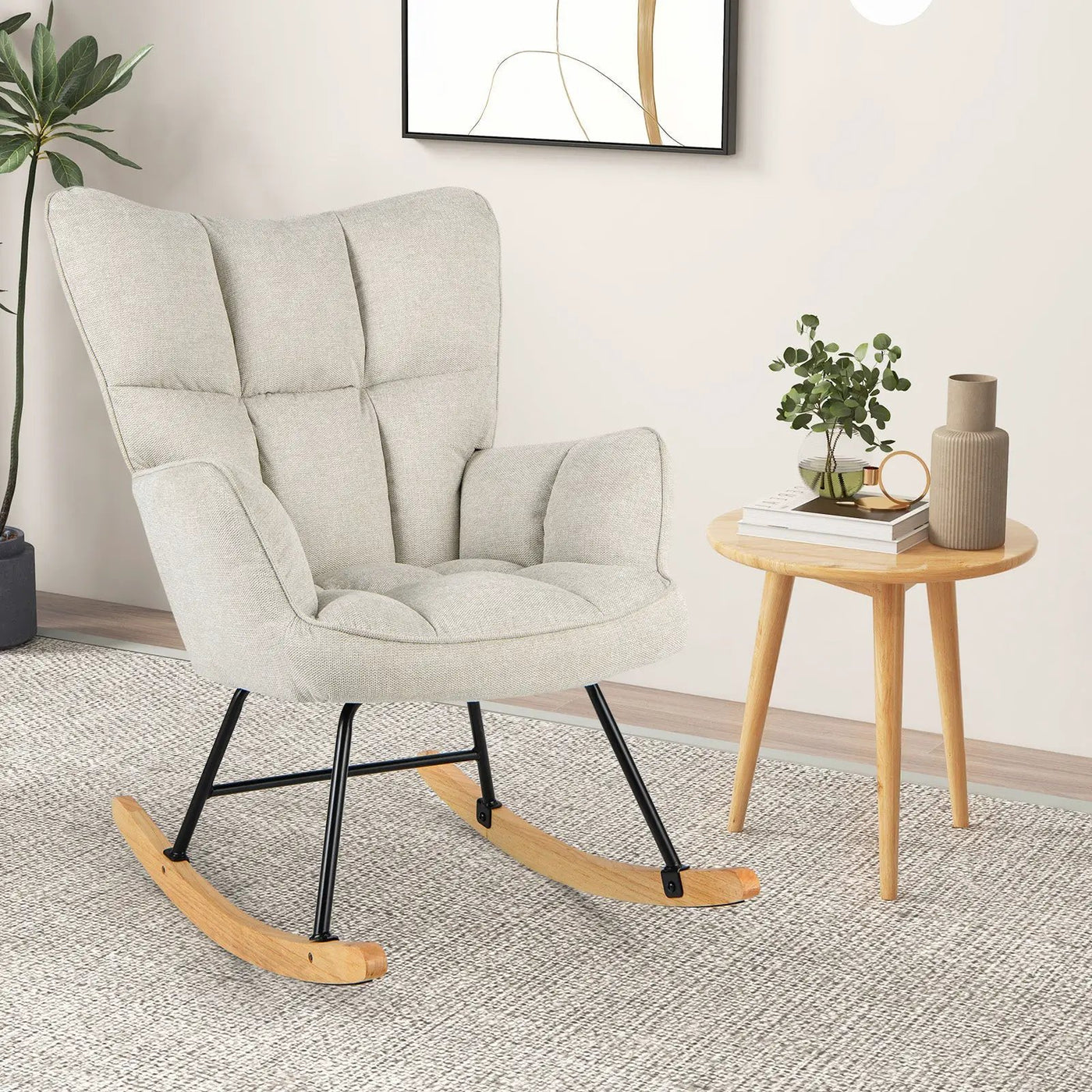 Linen Nursery Rocking Chair with High Backrest and Padded Armrests by DirectDeals