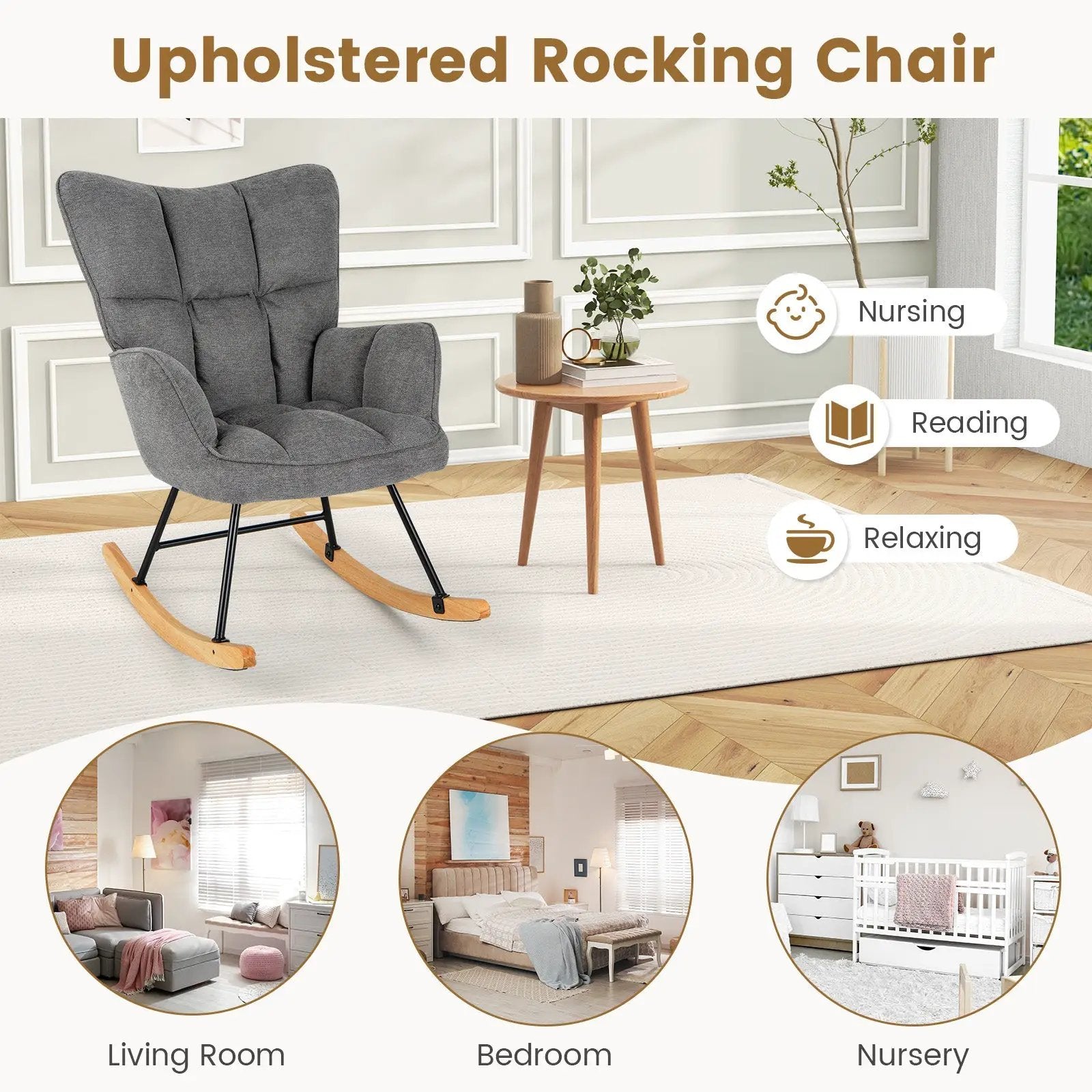 Linen Nursery Rocking Chair with High Backrest and Padded Armrests by DirectDeals