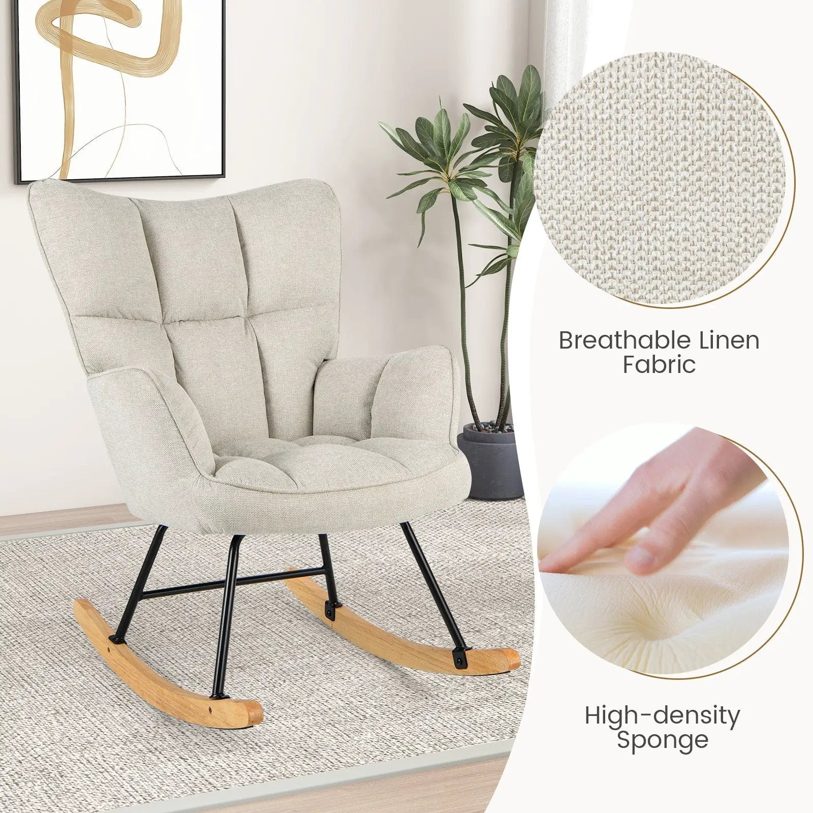 Linen Nursery Rocking Chair with High Backrest and Padded Armrests by DirectDeals