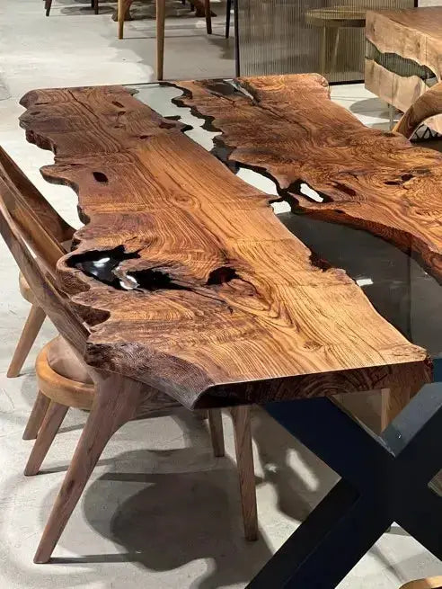 Live Edge, Epoxy Resin River Dining Room Table Made Of Chestnut Wood by Gizz