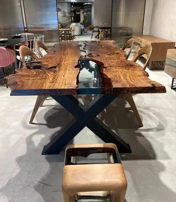 Live Edge, Epoxy Resin River Dining Room Table Made Of Chestnut Wood by Gizz