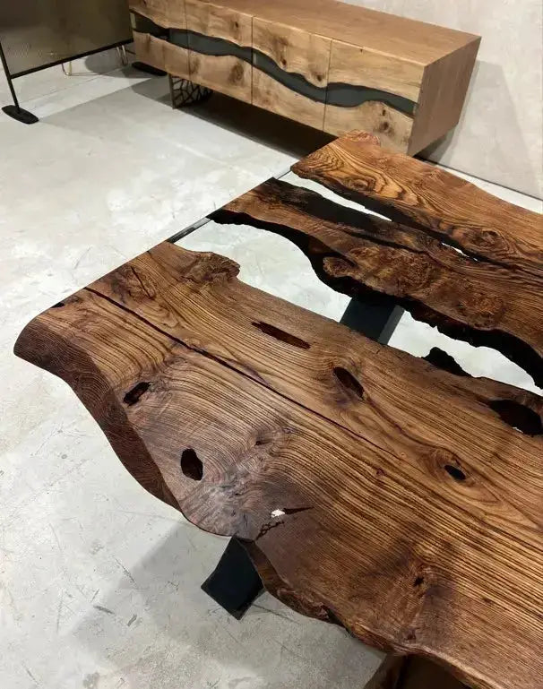 Live Edge, Epoxy Resin River Dining Room Table Made Of Chestnut Wood by Gizz
