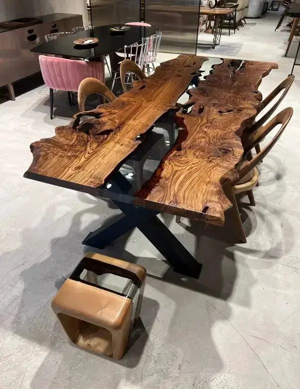 Live Edge, Epoxy Resin River Dining Room Table Made Of Chestnut Wood by Gizz