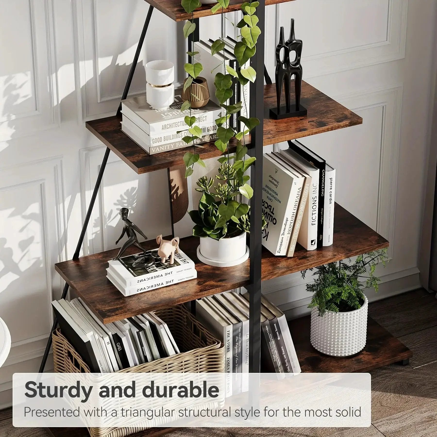 LIZHOUMIL 4-Tier Modern Boat-Shaped Bookshelf - Space-Saving Narrow Wooden & Metal Storage Shelf Organizer with Sturdy PB Board, Black Home Decor for Living Room, Bedroom, Office, Bookshelf Furniture, Bedroom Bookshelf, Conte by House Of Avana
