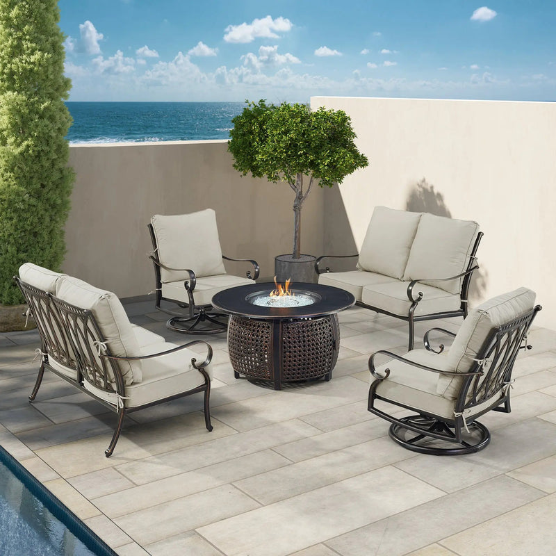 Black Aluminum Fire Table Set with Two Loveseats and Two Club Chairs by Sharicks