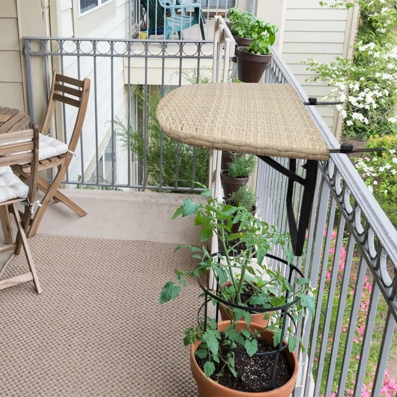 Tan Wicker Foldable Patio Balcony Table with Adjustable Clamps by Sharicks