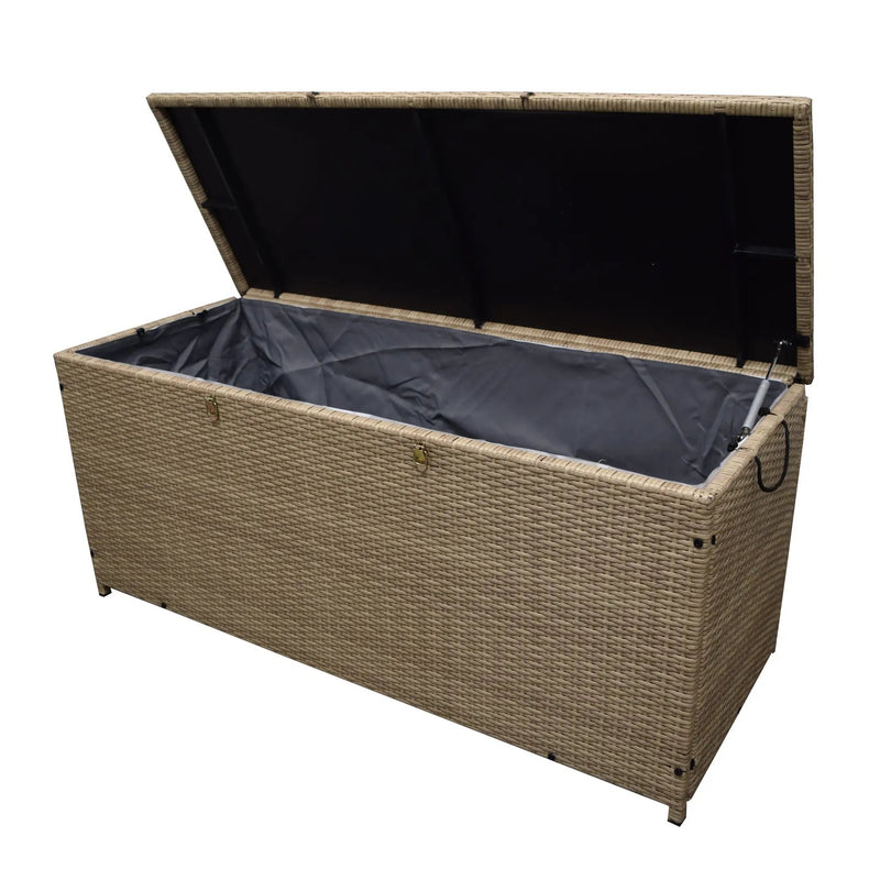 Tan Wicker Patio Deck Box with 113 Gallon Storage and Metal Frame by Sharicks