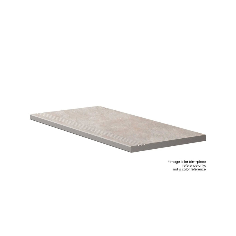Frontier20 Travertine Cross Cut White Grip Stair Tread Look Porcelain Moldings 12x48 by landmarkceramics
