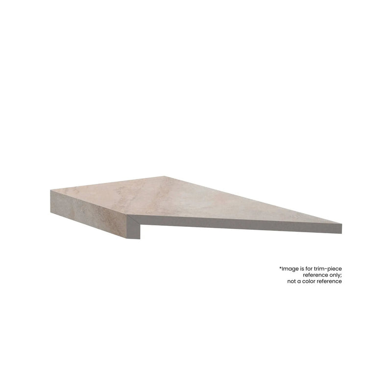 Frontier20 Travertine Cross Cut White L Shape Mitered Edge Corner Left Look Porcelain Moldings 12x24 by landmarkceramics