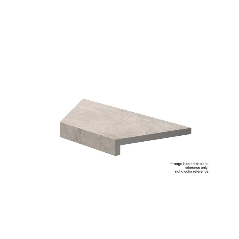 Frontier20 Travertine Select Cross Cut Beige L Shape Mitered Edge Corner Right Look Porcelain Moldings 12x24 by landmarkceramics
