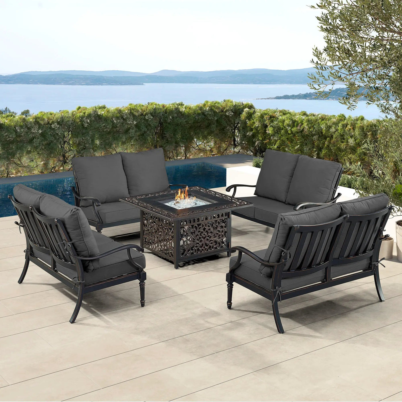 Black Aluminum Fire Table Set with Four Deep Seating Loveseats by Sharicks