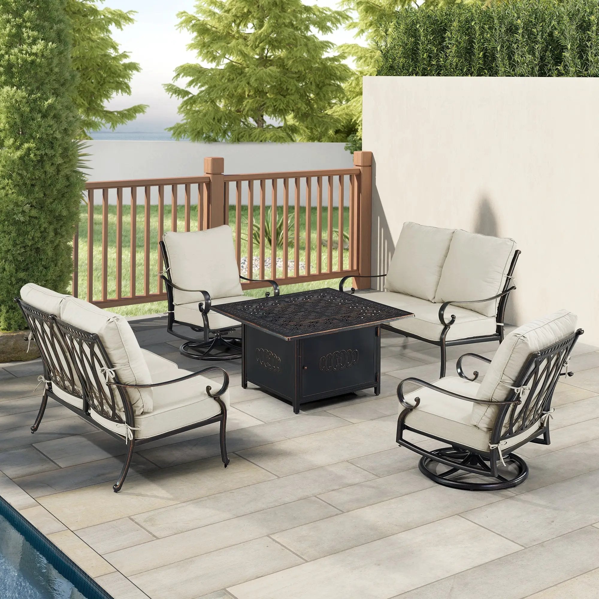 Black Aluminum Fire Table Set with Two Loveseats and Two Club Chairs by Sharicks