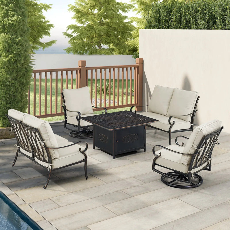 Black Aluminum Fire Table Set with Two Loveseats and Two Club Chairs by Sharicks
