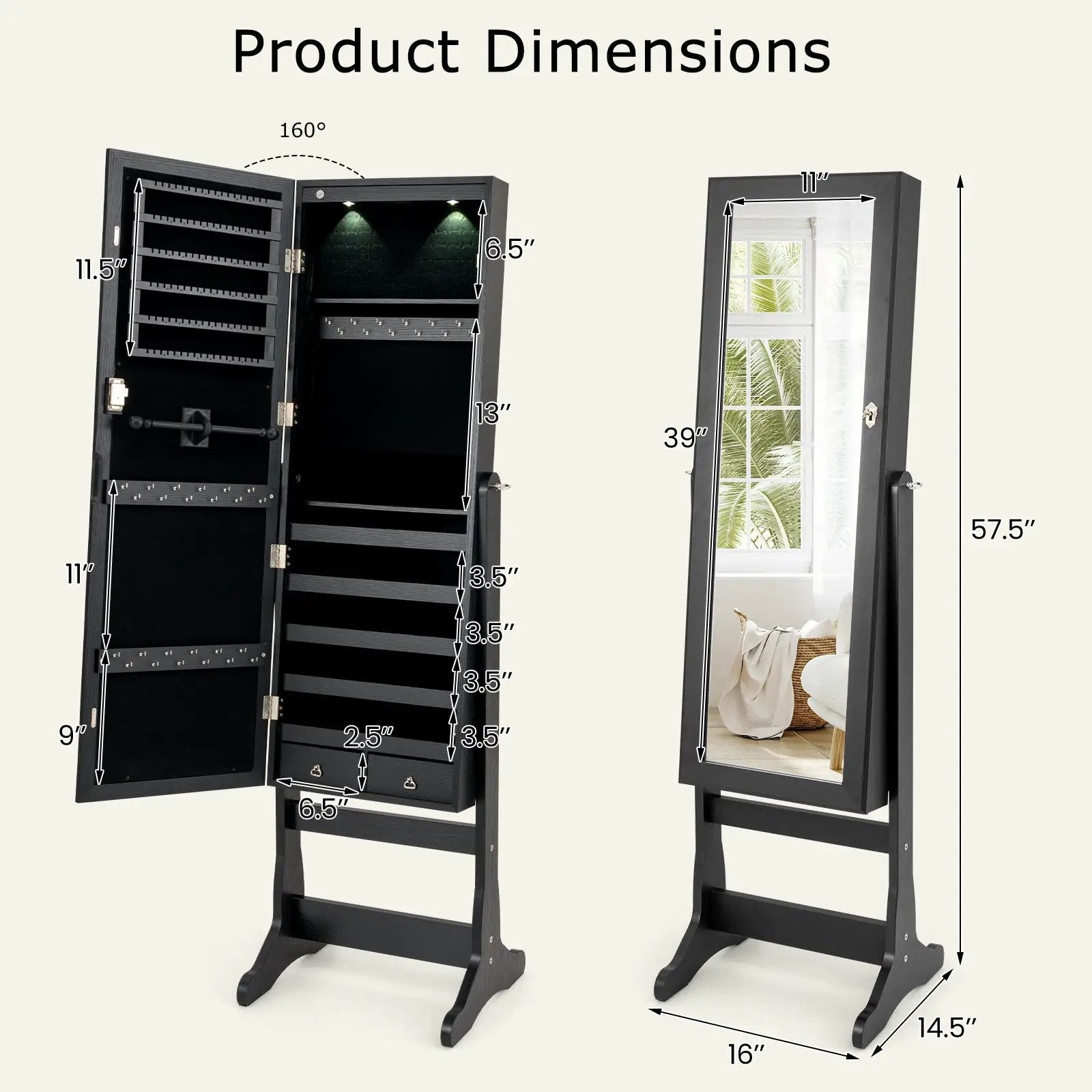 Lockable Freestanding Jewelry Cabinet Armoire with Full-Length Mirror and Lights by DirectDeals