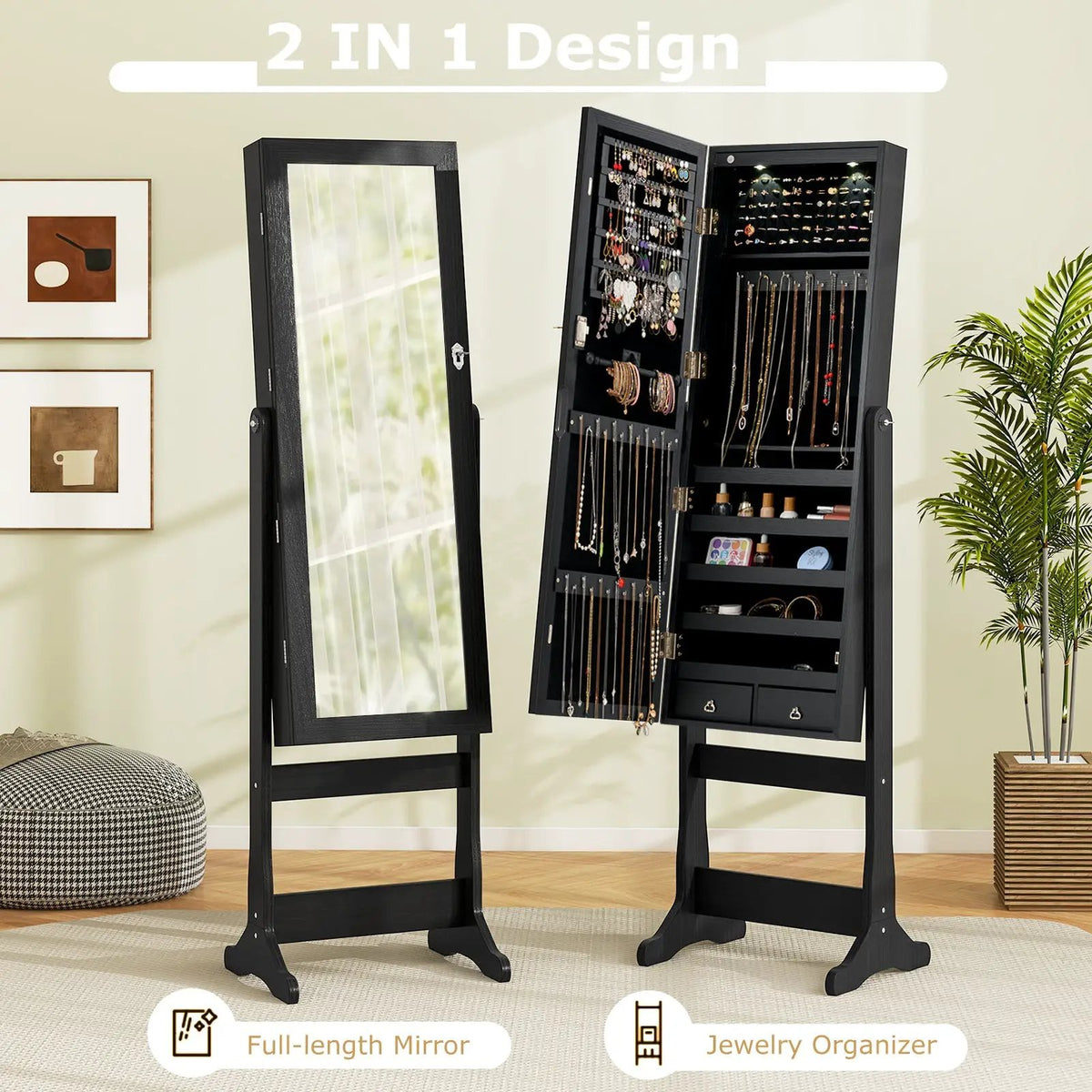 Lockable Freestanding Jewelry Cabinet Armoire with Full-Length Mirror and Lights by DirectDeals