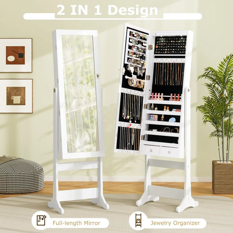 Lockable Freestanding Jewelry Cabinet Armoire with Full-Length Mirror and Lights by DirectDeals