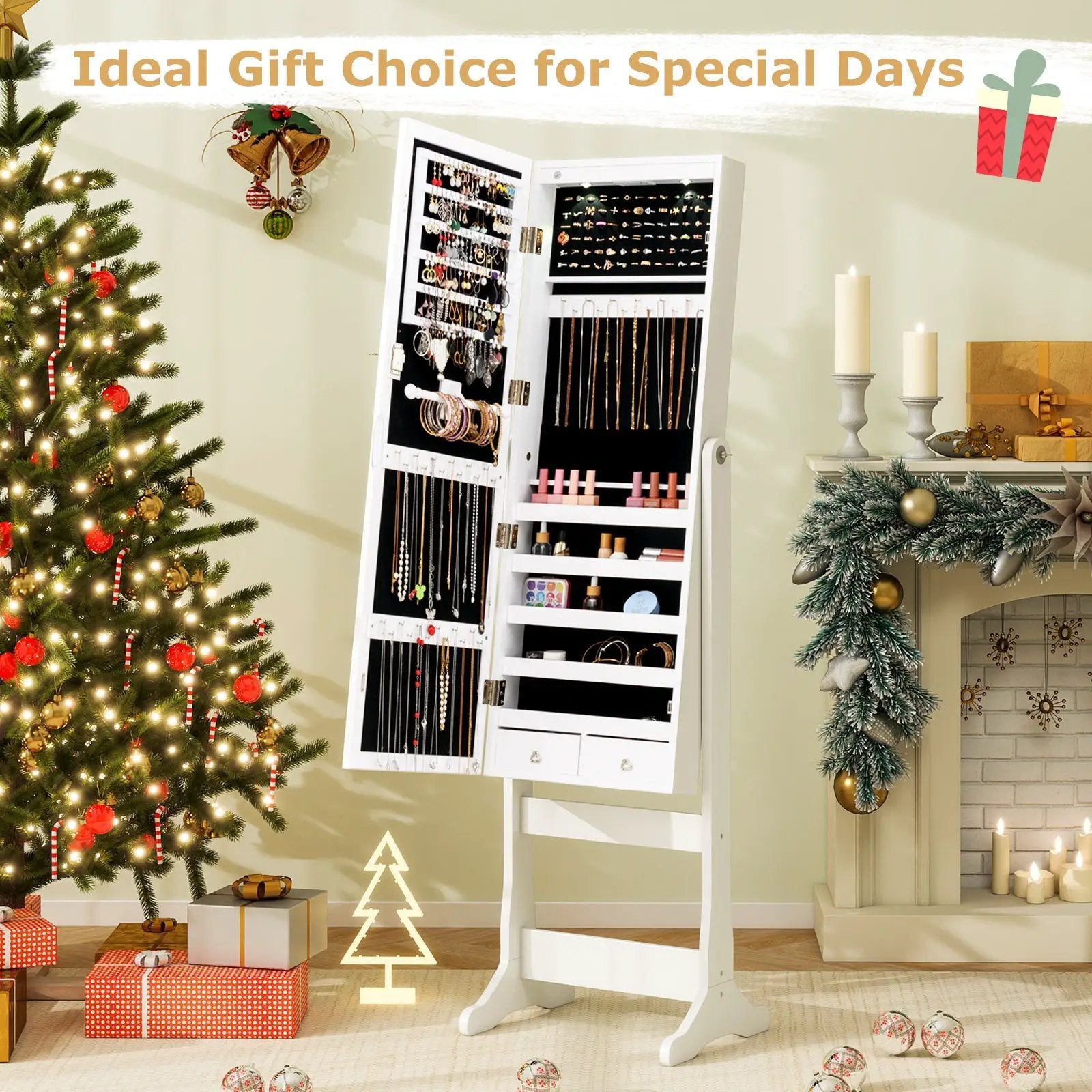 Lockable Freestanding Jewelry Cabinet Armoire with Full-Length Mirror and Lights by DirectDeals