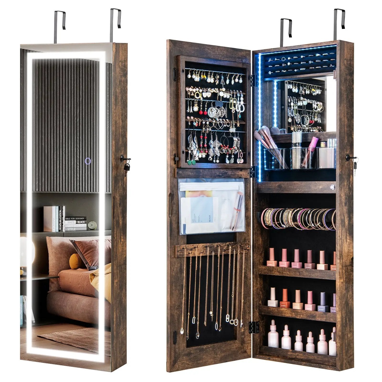42.5 Inches Lockable Jewelry Mirror Wall Cabinet with 3-Color LED Lights by DirectDeals