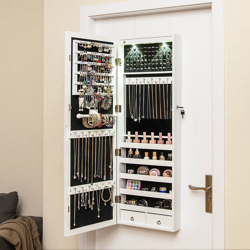 Lockable Wall Mount Mirrored Jewelry Cabinet with LED Lights by DirectDeals