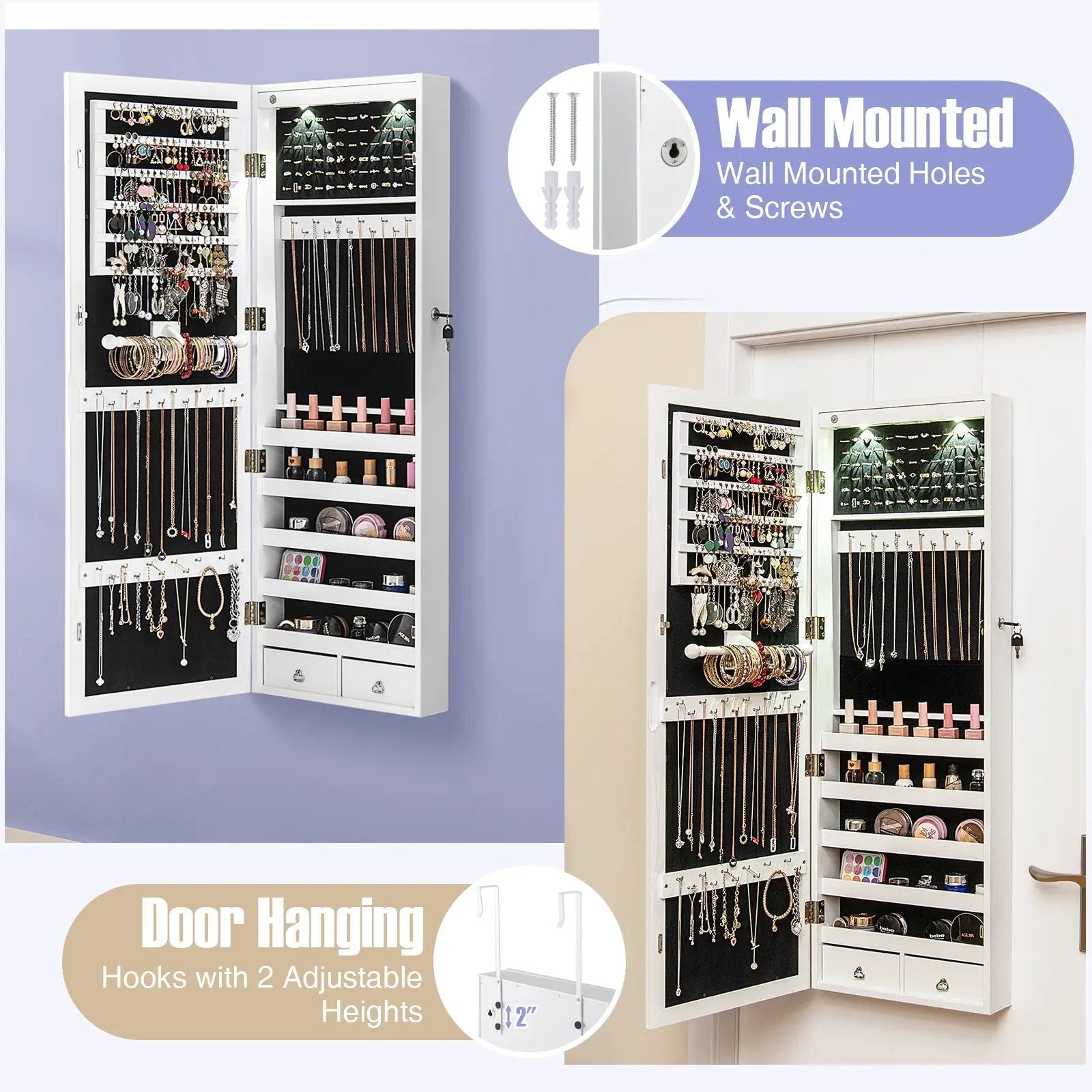 Lockable Wall Mount Mirrored Jewelry Cabinet with LED Lights by DirectDeals