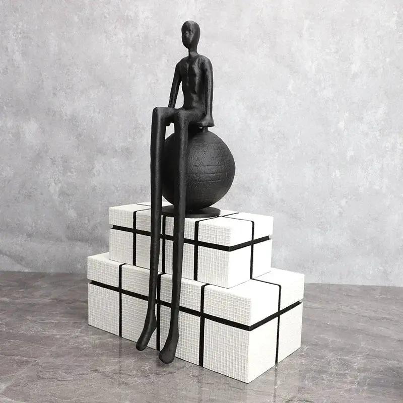 Abstract Long-Legged Thinker Sculpture Modern Matte Black Figurine by House Of Avana