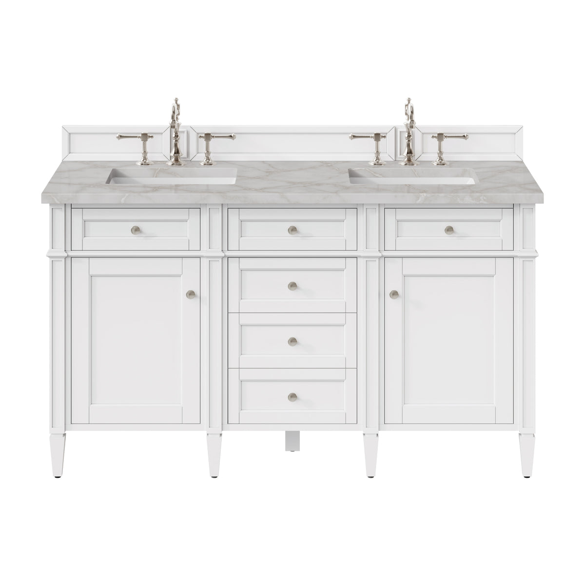 James Martin Brittany 60" Double Bathroom Vanity, Bright White with Victorian Silver (FreePower) countertop