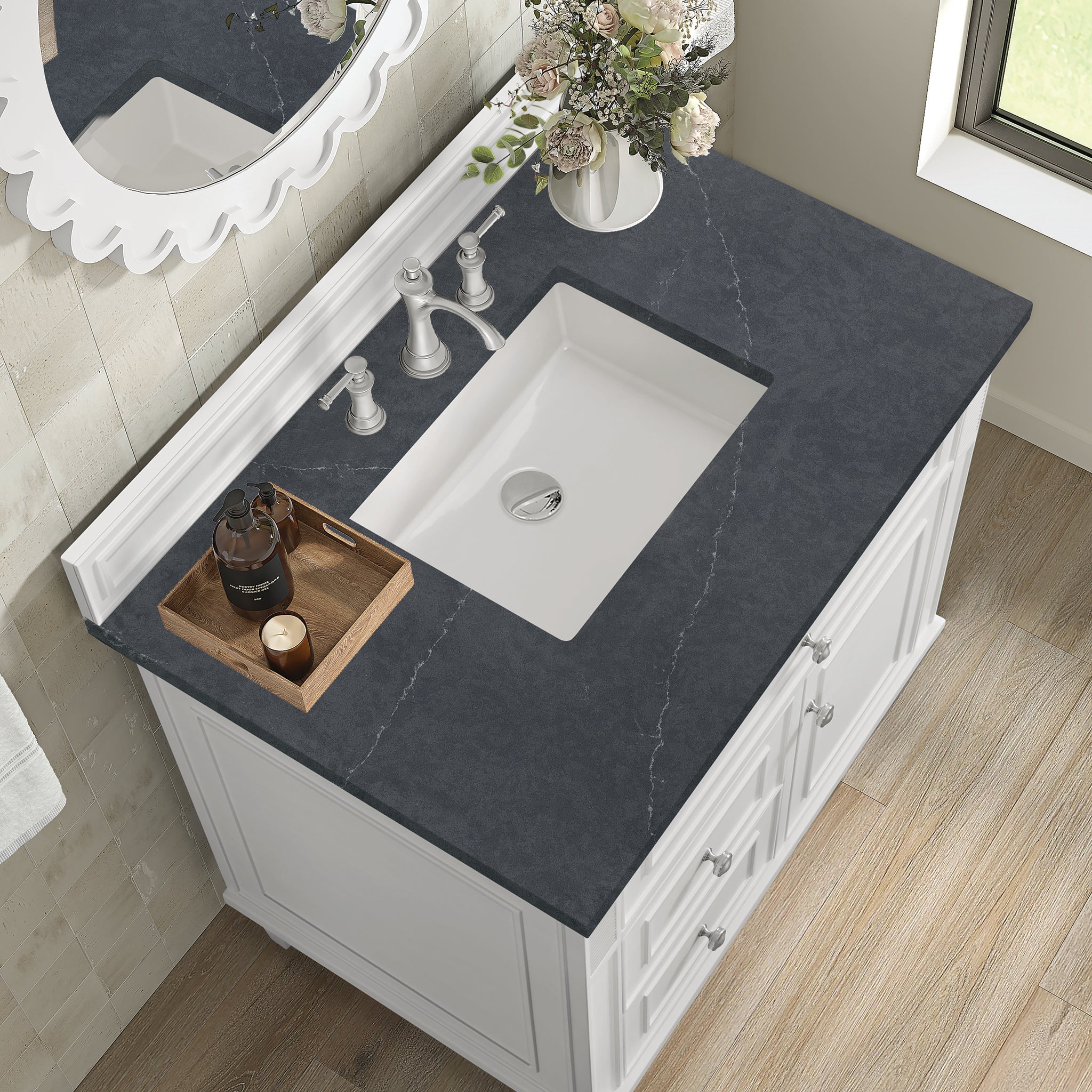James Martin Lorelai 36" Single Bathroom Vanity, Bright White with Charcoal Soapstone countertop