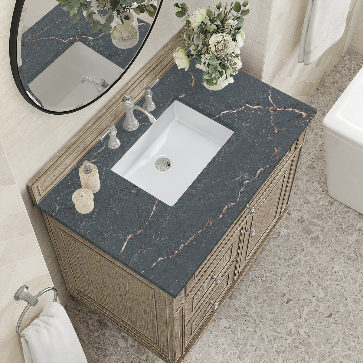 James Martin Lorelai 36" Single Bathroom Vanity, Whitewashed Oak with Parisien Bleu countertop