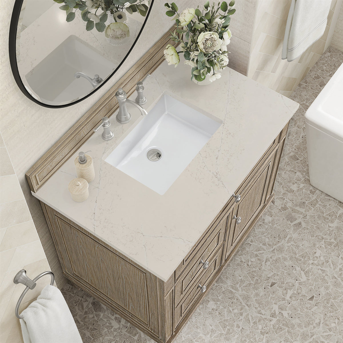 James Martin Lorelai 36" Single Bathroom Vanity, Whitewashed Oak with Siberian countertop