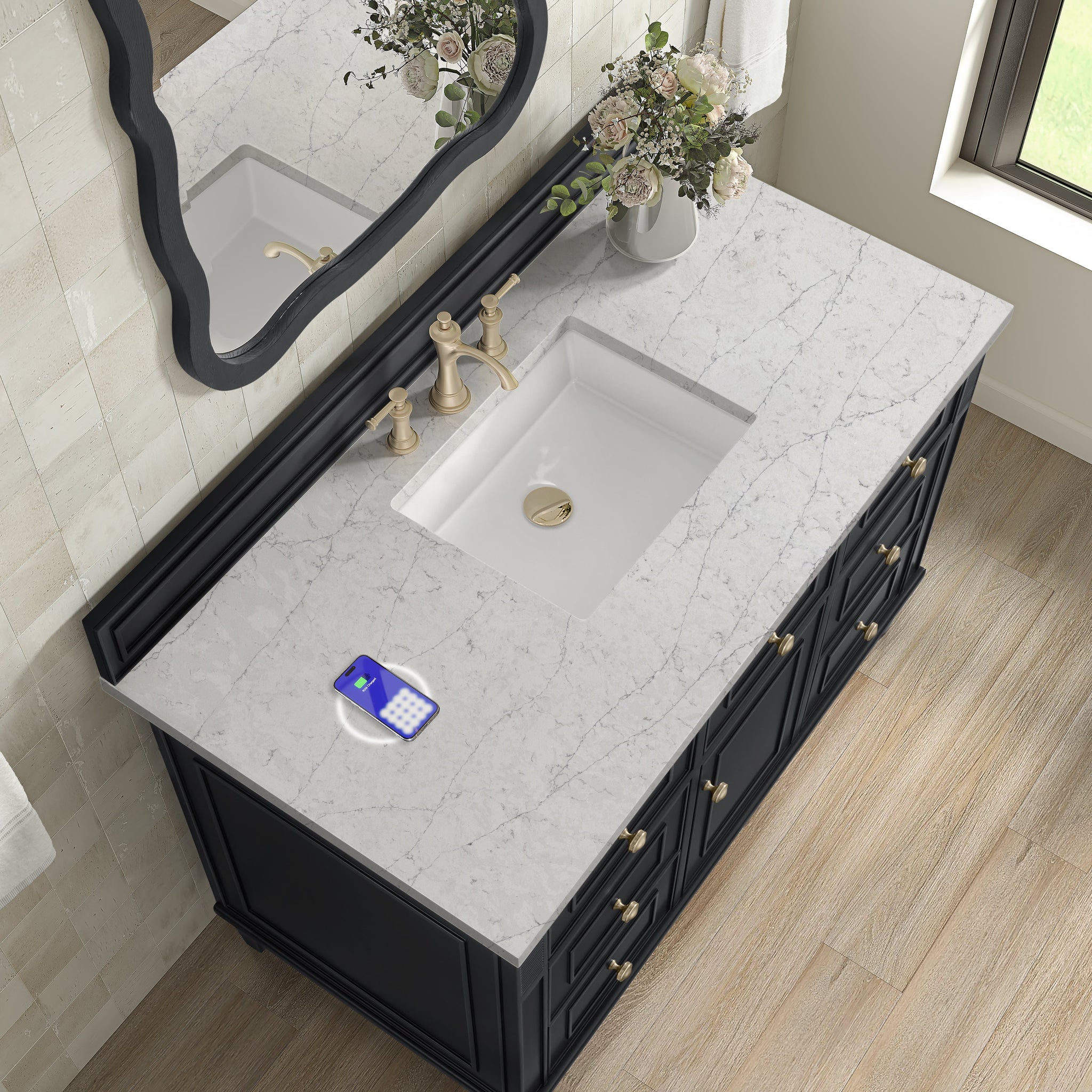 James Martin Lorelai 48" Single Bathroom Vanity, Black Onyx with Eternal Jasmine Pearl (FreePower) countertop