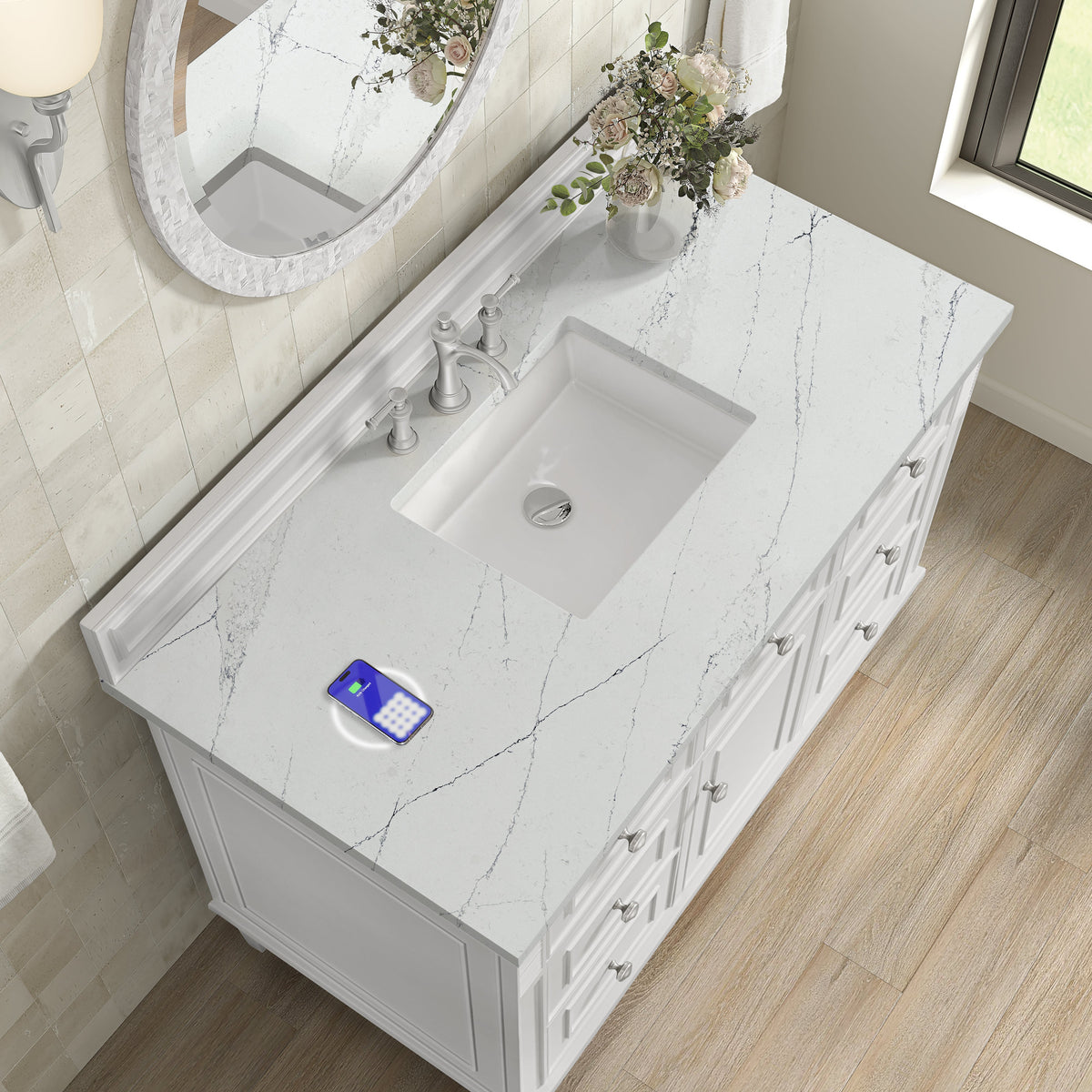 James Martin Lorelai 48" Single Bathroom Vanity, Bright White with Ethereal Noctis (FreePower) countertop