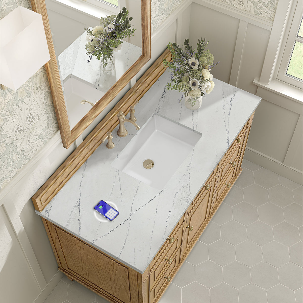 James Martin Lorelai 48" Single Bathroom Vanity, Light Natural Oak with Ethereal Noctis (FreePower) countertop