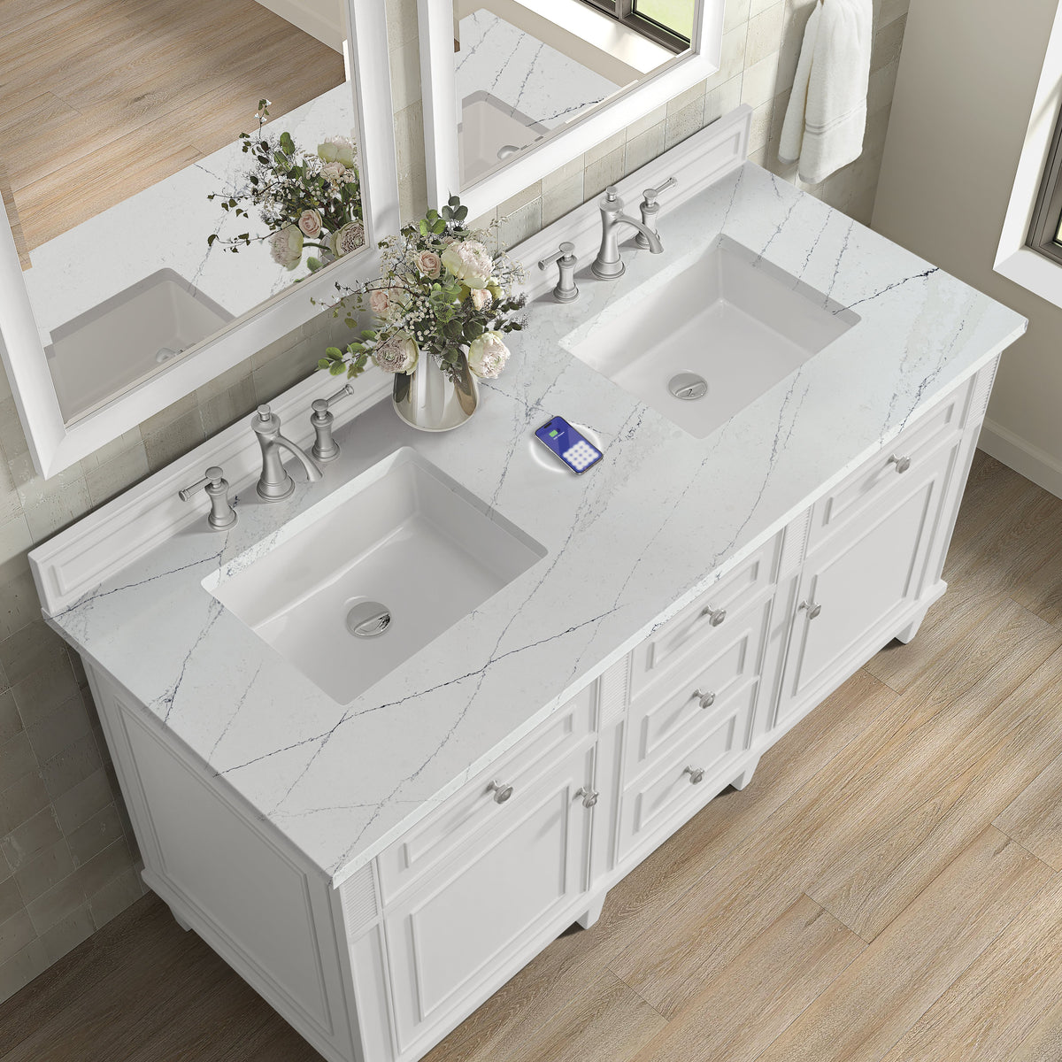 James Martin Lorelai 60" Double Bathroom Vanity, Bright White with Ethereal Noctis (FreePower) countertop