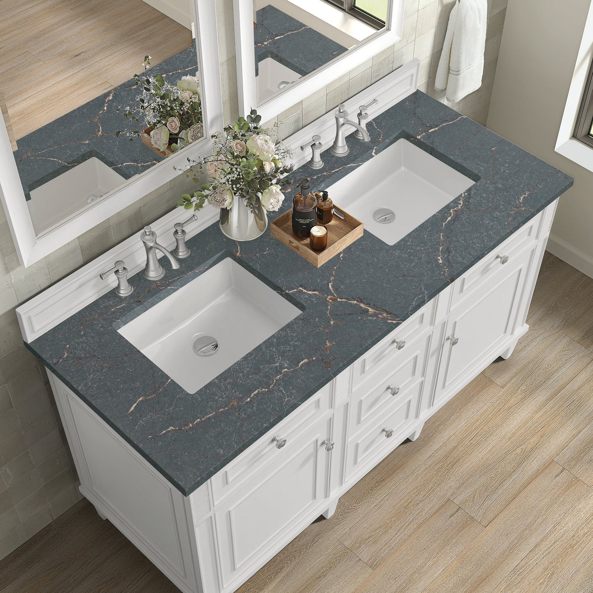 James Martin Lorelai 60" Double Bathroom Vanity, Bright White with Parisien Bleu countertop