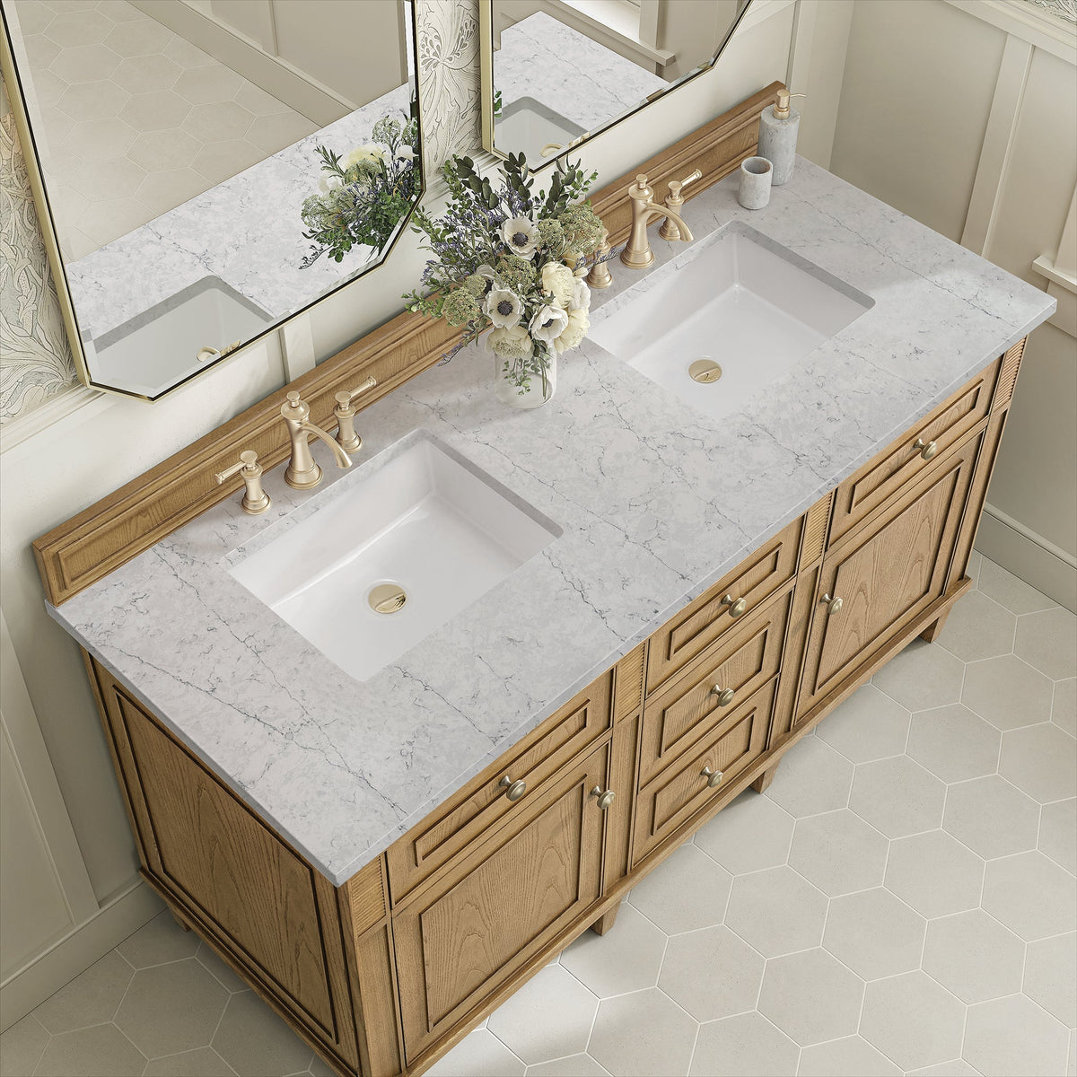 James Martin Lorelai 60" Double Bathroom Vanity, Light Natural Oak with Eternal Jasmine Pearl countertop