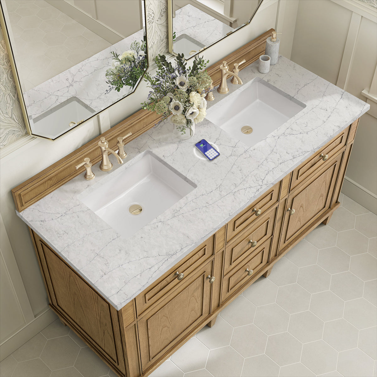 James Martin Lorelai 60" Double Bathroom Vanity, Light Natural Oak with Eternal Jasmine Pearl (FreePower) countertop