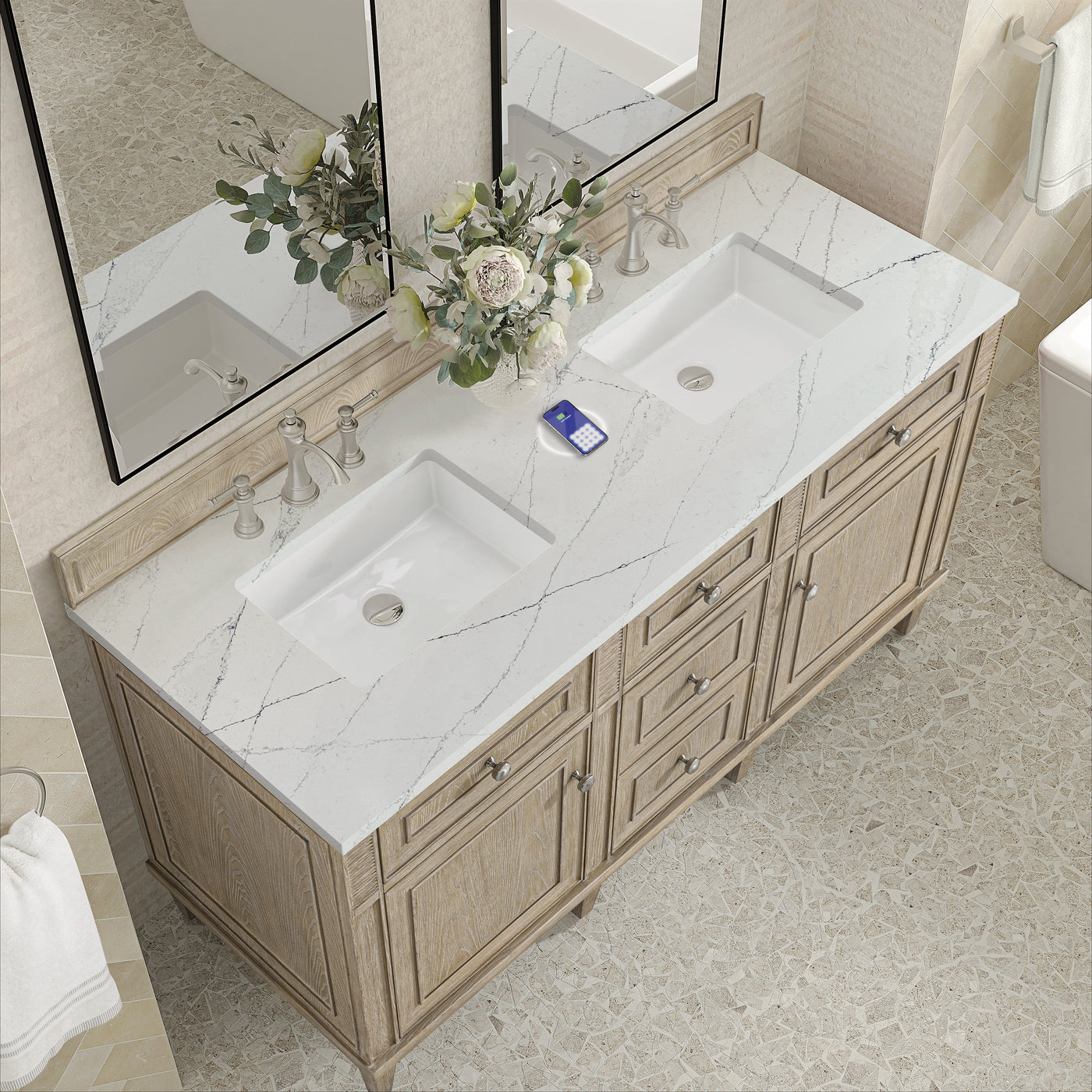 James Martin Lorelai 60" Double Bathroom Vanity, Whitewashed Oak with Ethereal Noctis (FreePower) countertop
